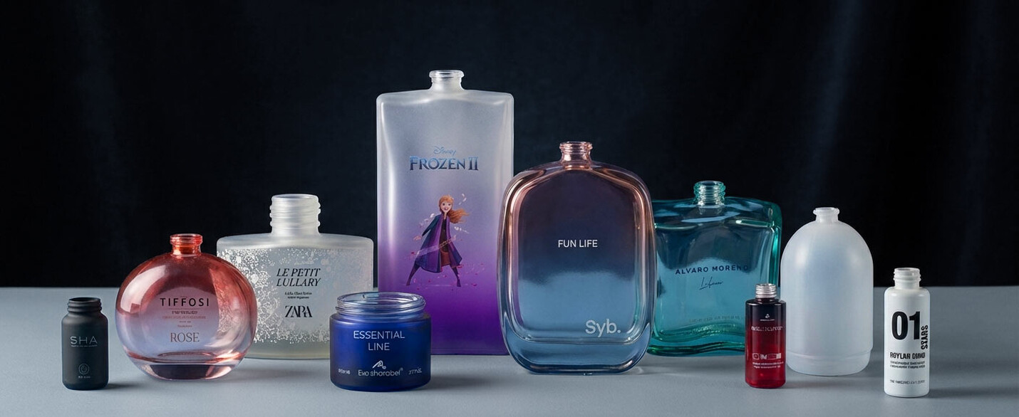 Bodegó d'envasos de vidre per a cosmètica i perfumeria amb diversos acabats: serigrafia d'alta definició, stamping metàl·lic, matisats i degradats de color realitzats per Serigrafía Portal.